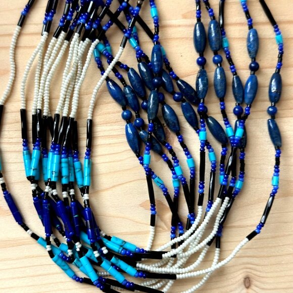 Vintage 925 Lapis Lazuli Native American Necklace Blue Mixed Beads Free Spirit - Picture 4 of 9